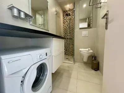 a washing machine in a bathroom with a toilet at L'Olivier - Croisette Martinez, Studio sur cour, plage 1 min in Cannes