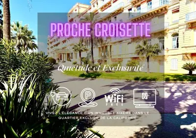 a poster for a hotel with a building at StudioCalifornia-Parking-Plages 15 min walk in Cannes