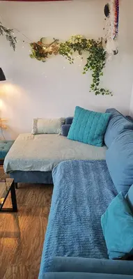 a living room with a blue couch and a book shelf at Ref GALLIE in Cannes