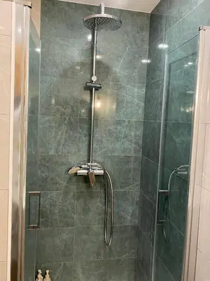 a shower with a shower head and a glass door at Appartement 45m2 - 4 couchages - Proche Cannes -plages à 2km -wifi rapide in Le Cannet