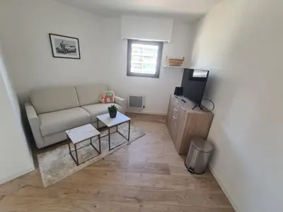 a living room with a couch and a tv at BOCCA CABANA in Cannes