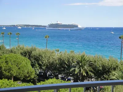 a cruise ship in the water with palm trees at Superbe vue mer à 50 mètres des plages in Cannes