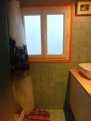 a bathroom with a shower and a sink and two windows at Chambre d hôte artistique cannes in Cannes