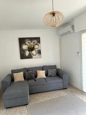 a living room with a blue couch and a flower picture at Appartement Cannes in Cannes