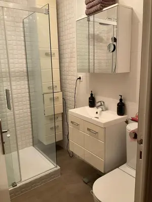 a bathroom with a shower and a sink and a toilet at Sweet home+terrasse de 60m2 ,2 mn from croisette beach in Cannes