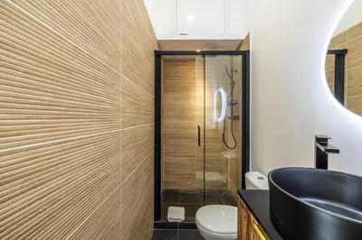 a bathroom with a shower and a toilet at 34 BORNIOL - Bel appartement rénové avec mezzanine Cannes in Cannes