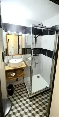 a small bathroom with a sink and a shower at Appartement Bord de Mer 4 pers / 2 Piscines in Cannes