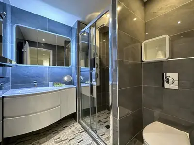 a bathroom with a shower and a toilet and a sink at Modern 3 bedroom flat with balcony in Cannes
