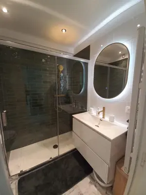 a bathroom with a shower and a sink and a mirror at Bell Appartement Cannes in Cannes