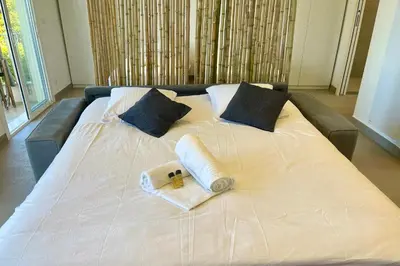a large white bed with two pillows and a towel at Le Cèdre Magnifique Appartement à Cannes in Cannes