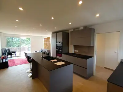 a kitchen with a black island in a room at Le Cèdre Magnifique Appartement à Cannes in Cannes