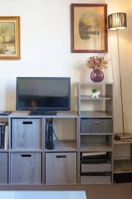 a entertainment center with a flat screen tv in a living room at Le Sorbier By ApiRent #Wifi #Climatisation #Lumineux in Cannes