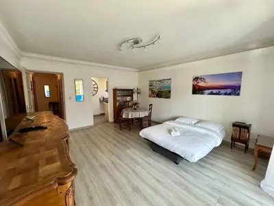 a bedroom with a bed and a table in it at C029-Appartement spacieux a deux pas de la Croisette in Cannes
