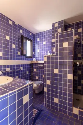 a blue tiled bathroom with a toilet and a sink at villa dans résidence à Cannes in Cannes
