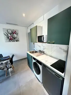 a kitchen with a sink and a stove at Appartement 3 pièces GREEN ART **** in Le Cannet