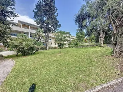 a black cat standing in the grass near a building at Agencia Superbe appartement 2 chambres in Cannes