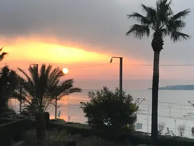 a sunset over the ocean with palm trees and a street light at Résidence Palme d'Azur Cannes La Bocca in Cannes