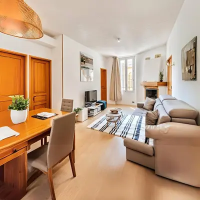 a living room with a couch and a tv at FRGK Suquet Olivier Historic 2-3 BR Charm UltraFast WiFi in Cannes