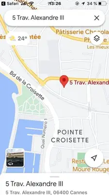 a map with a red heart on it at Croisette and beaches. View on gardens and sea. in Cannes