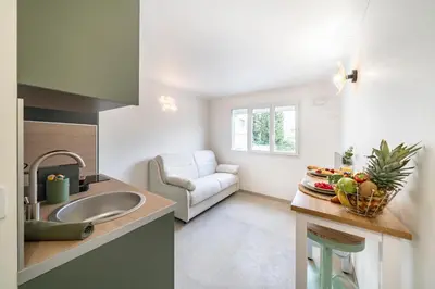 a kitchen with a sink and a living room at Studio Banane 2 min croisette mitoyen Martinez in Cannes