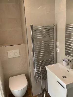 a bathroom with a toilet and a shower and a sink at Studio Cannes bord de mer in Cannes