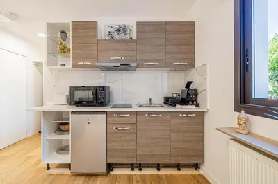 a kitchen with a refrigerator and a microwave at 4 BARON - Spacieux studio rénové quartier des Anglais in Cannes