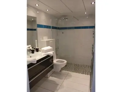 a bathroom with a toilet and a shower at Le Panoramer Sea View in Cannes