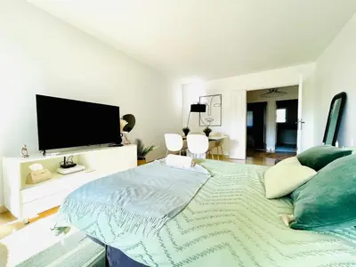 a bedroom with a large bed with a flat screen tv at Appartement 2 pièces à Cannes in Cannes