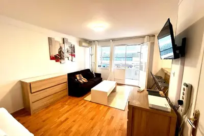 a living room with a couch and a television at Studio Vidal in the city center of Cannes with AC in Cannes