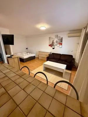 a living room with a couch and a table at Studio Vidal in the city center of Cannes with AC in Cannes
