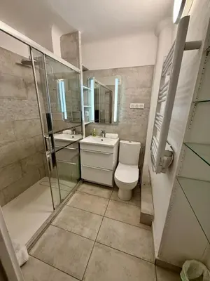 a bathroom with a toilet and a sink and a shower at Studio Vidal in the city center of Cannes with AC in Cannes