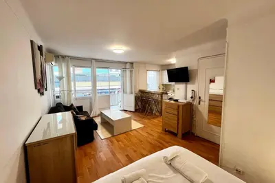 a living room with a bed and a room with a kitchen at Studio Vidal in the city center of Cannes with AC in Cannes