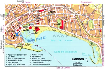 a map of a city with red arrows at Studio Cannes centre in Cannes