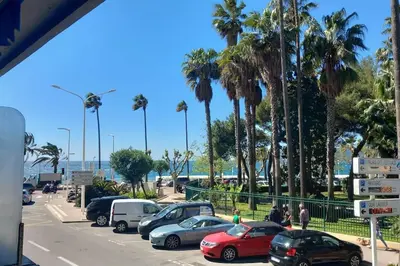 a parking lot with parked cars and palm trees at Rocamare in Cannes
