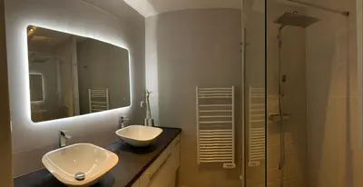 a bathroom with a sink and a mirror and a shower at Appartement 2 Pièces,Cannes, Résidence Le Merival in Cannes