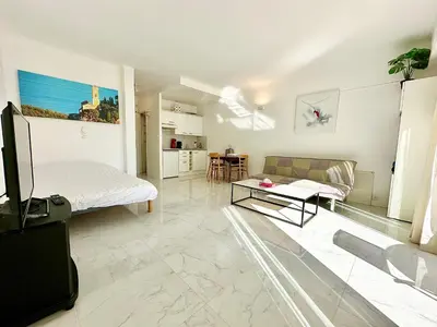 a living room with a bed and a couch at Alexendre 3 Elégant Studio Centre Cannes proche Palais des festivals in Cannes