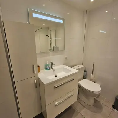 a bathroom with a toilet and a sink and a mirror at Studio Cannes le Val D'or Chez Lisa in Cannes