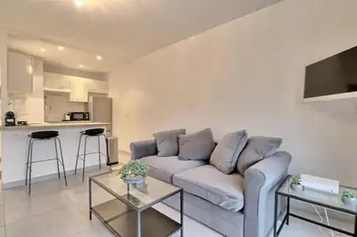 a living room with a couch and a kitchen at Appartement proche des Plages et du Palais in Cannes