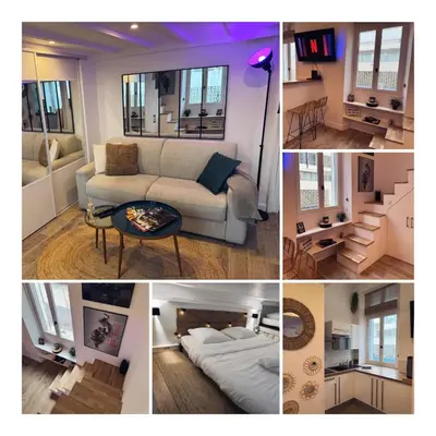 a collage of four pictures of a living room at Cannes Croisette Festival Plage Mer in Cannes