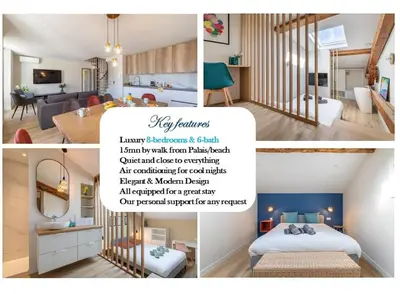 a collage of photos of a bedroom and a living room at BRP Cannes Center,Top floor Luxurious house,8 bed in Cannes
