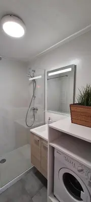a bathroom with a shower and a washing machine at Le Ptit Ecrin du Lerins in Cannes