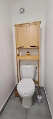 a bathroom with a toilet with a wooden shelf above it at Le Ptit Ecrin du Lerins in Cannes