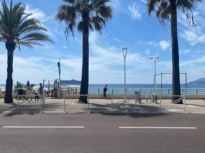 a street with palm trees and a volley ball net at Cannes appartement 1 chambre - Victoriam in Cannes