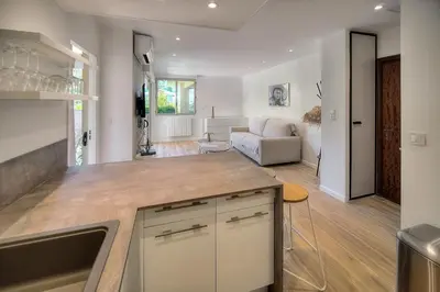 a kitchen and living room with a couch at Le Greg - Terrasse - Parking - VCA in Cannes