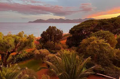 a view of the ocean from a hill with trees at 2-Br sea view private parking walk to beaches in Cannes