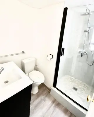a bathroom with a shower and a toilet and a sink at Appartement Cosy in Le Cannet