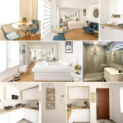 a collage of photos of a hotel room at Modern and renovated apartments next to the CROISETTE and PALAIS DES FESTIVALS in Cannes