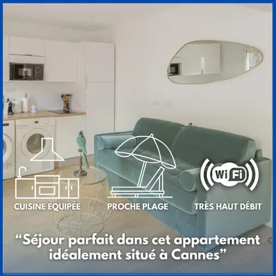 a poster of a living room with a green couch at Modern and renovated apartments next to the CROISETTE and PALAIS DES FESTIVALS in Cannes