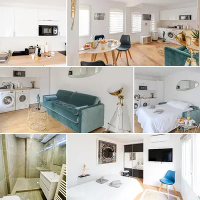 a collage of photos of a living room and kitchen at Modern and renovated apartments next to the CROISETTE and PALAIS DES FESTIVALS in Cannes