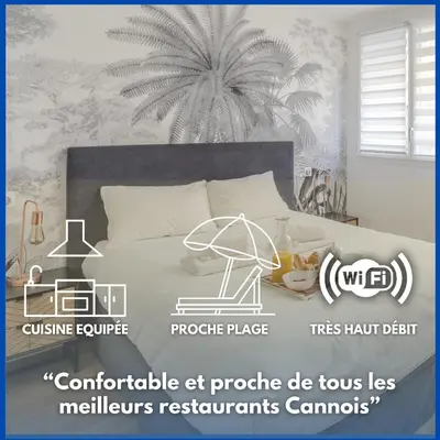 a poster of a bedroom with a bed with a palm tree at Modern and renovated apartments next to the CROISETTE and PALAIS DES FESTIVALS in Cannes